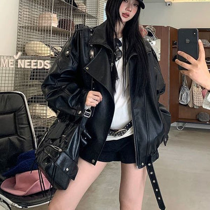 Women's loose retro biker leather jacket in black, My Store all-match style