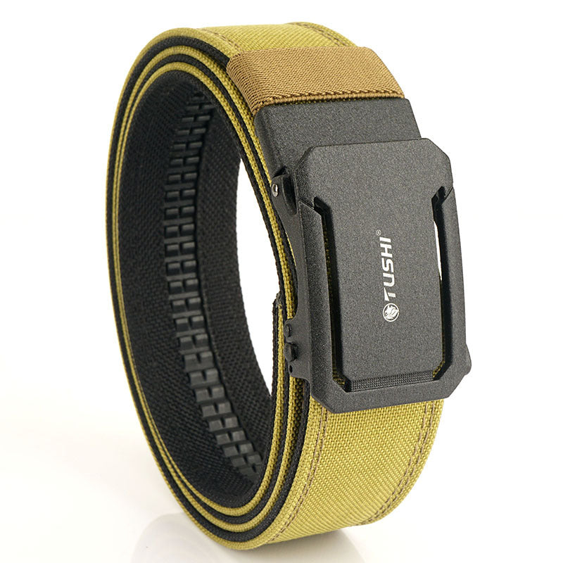 Men's double-layer thickened tactical belt in black with a durable buckle and adjustable design