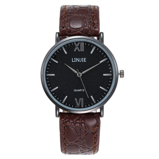 Men's casual fashion watch with brown leather belt strap and classic round dial