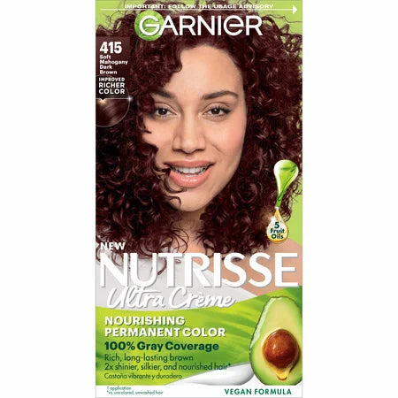 Garnier Nutrisse Ultra Color Nourishing Hair Color Creme in 415 Soft Mahogany Dark Brown, showcasing the cream and hair application.