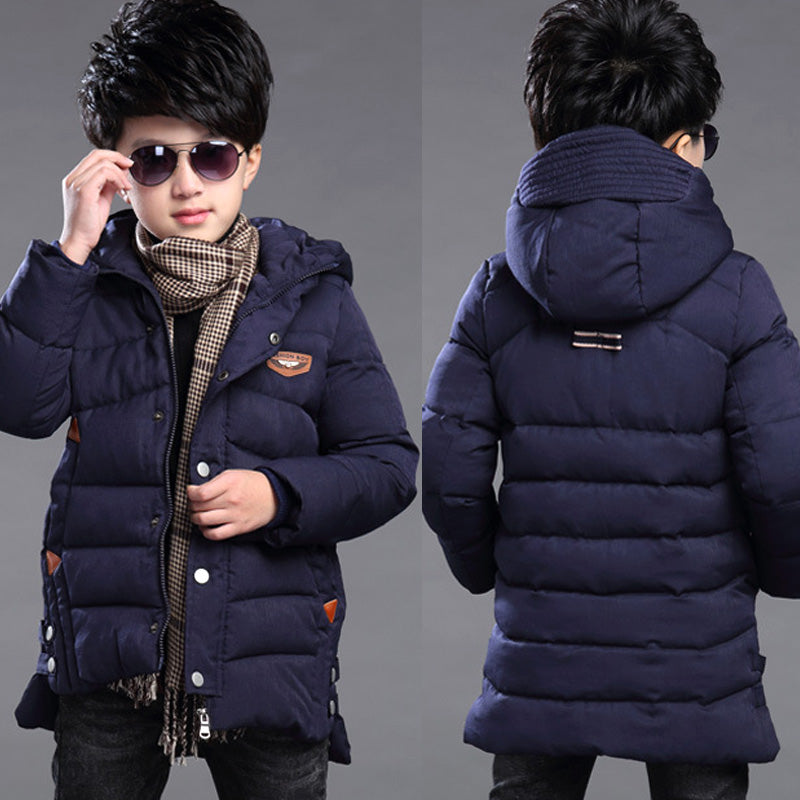 Boy's hooded padded jacket in a warm quilted design with attached hood