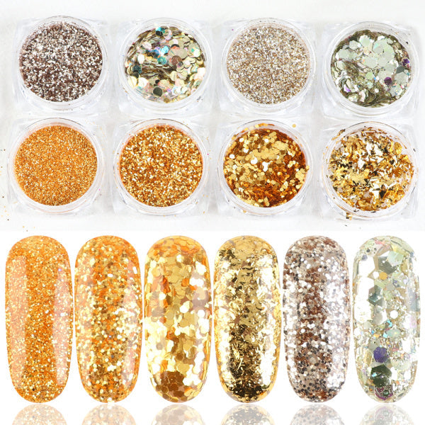 Eight-box mix glitter nail art powder flakes set in assorted colors for manicure designs