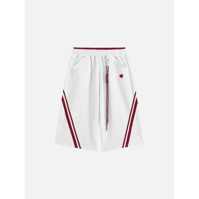 Retro striped embroidered athletic shorts with elastic waistband and side pockets