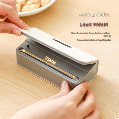 BACKUPMYFILESNOW® Snack Bag Sealer showing a hand sealing a plastic snack bag with the compact, easy-to-use device.