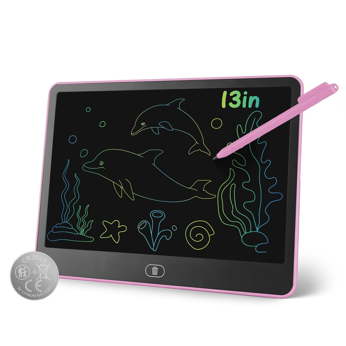 GBruno Store LCD writing tablet for kids with stylus and lock function, showing colorful writing on the screen.