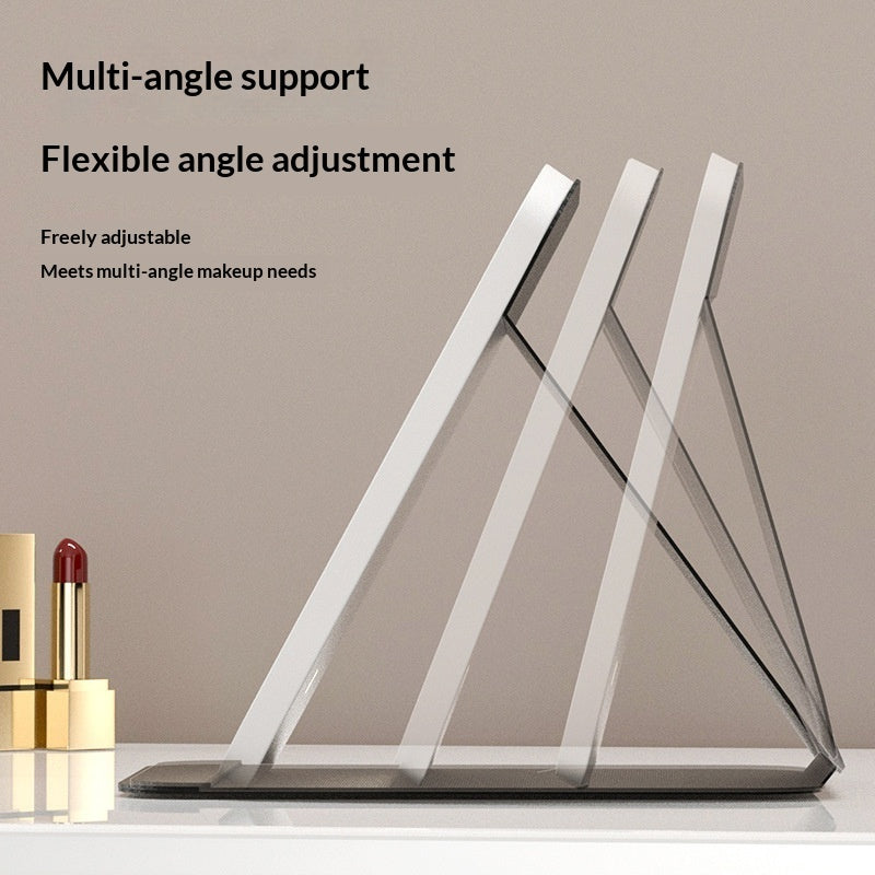 Portable foldable LED makeup mirror with built-in lights, shown open with illuminated mirror surface