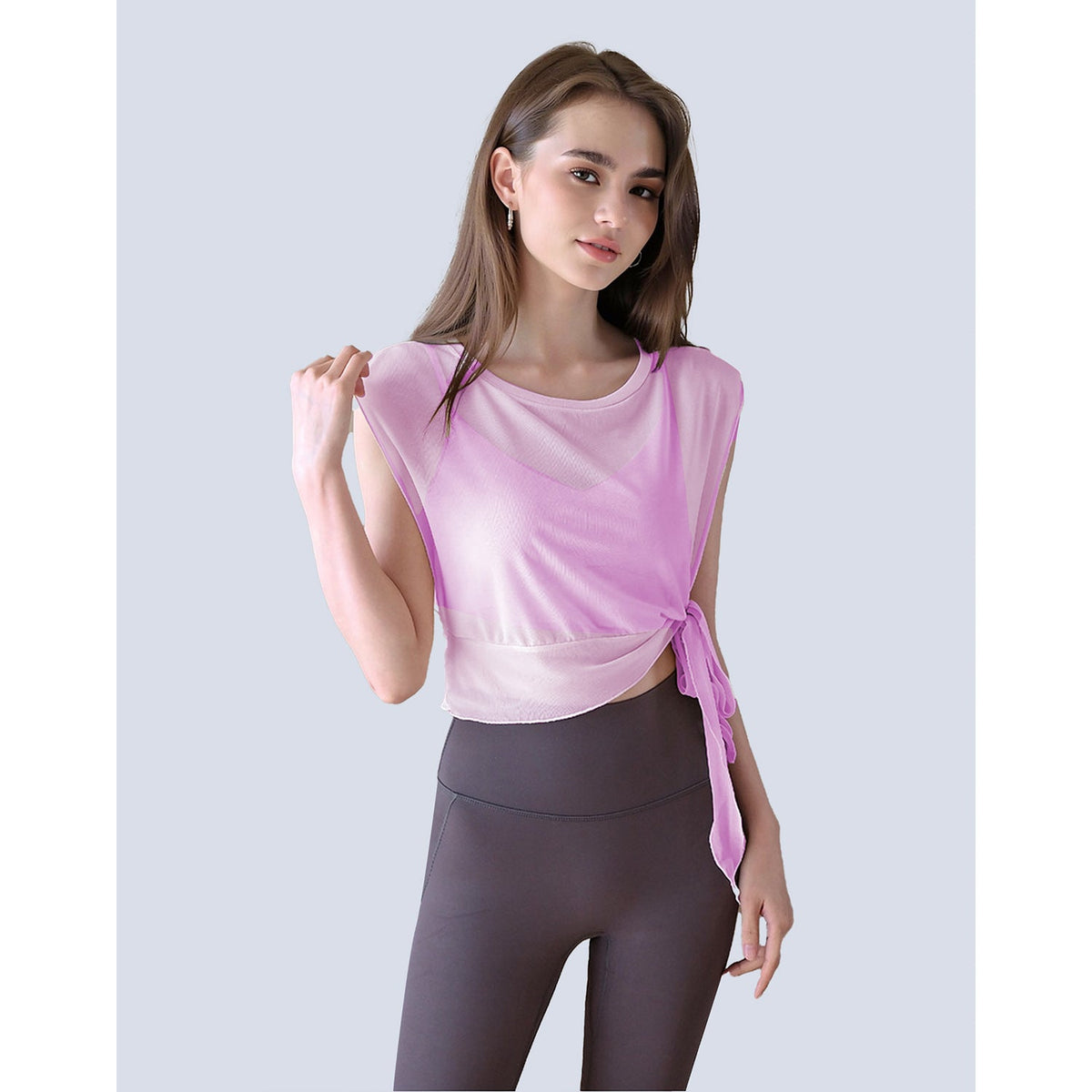 My Store summer 2-piece yoga outfit with short sleeve top, built-in bra pads, and elegant mesh fitness design
