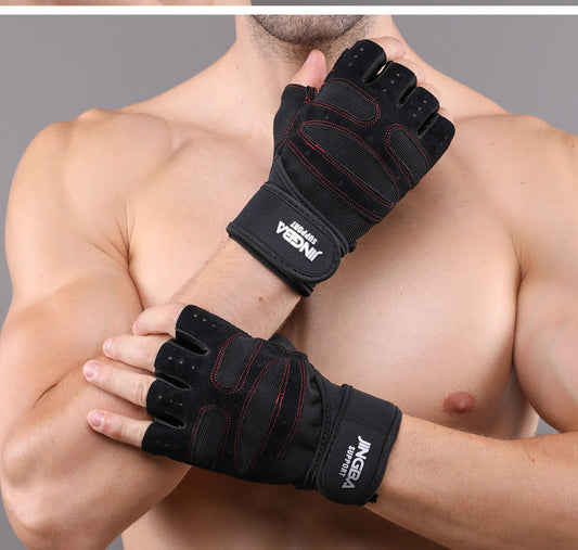 Men's casual cycling outdoor mountaineering half finger gloves in black with padded palms and adjustable wrist straps