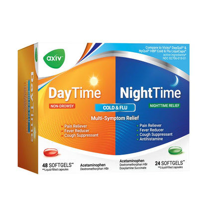 AXIV 24/7 Cold & Flu Relief softgels from BACKUPMYFILESNOW® displayed in a blister pack on a white background.