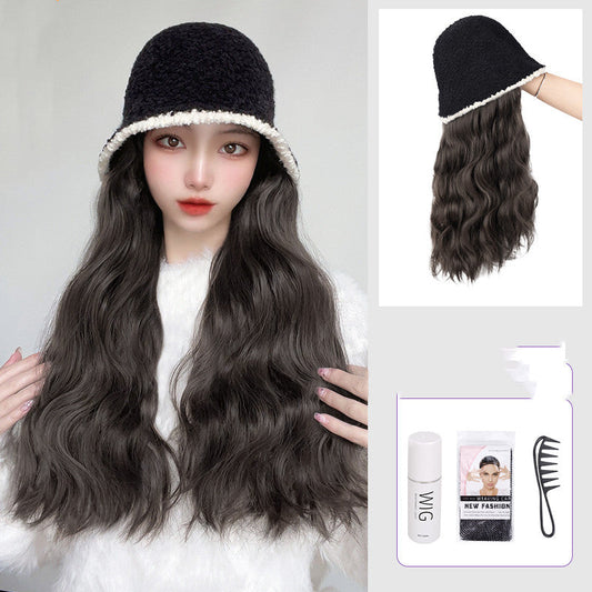 Ripple fashionable net red long curly hair fisherman hat with mesh design and voluminous curly hair strands
