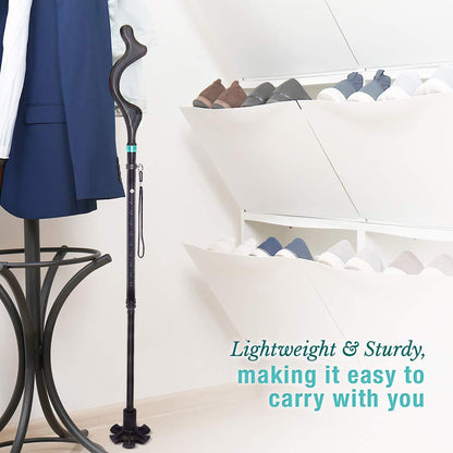 Collapsible posture walking cane, compact adjustable design with ergonomic handle in black and silver