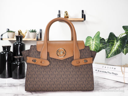 Michael Kors Carmen Signature Brown Satchel handbag with gold-tone hardware and structured design.