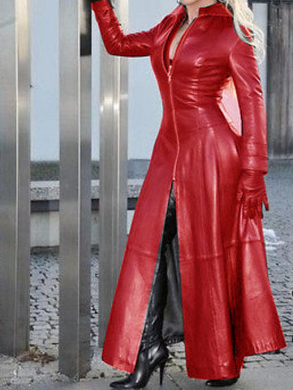 Women's long leather coat with stand collar, front button closure, and full-length sleeves