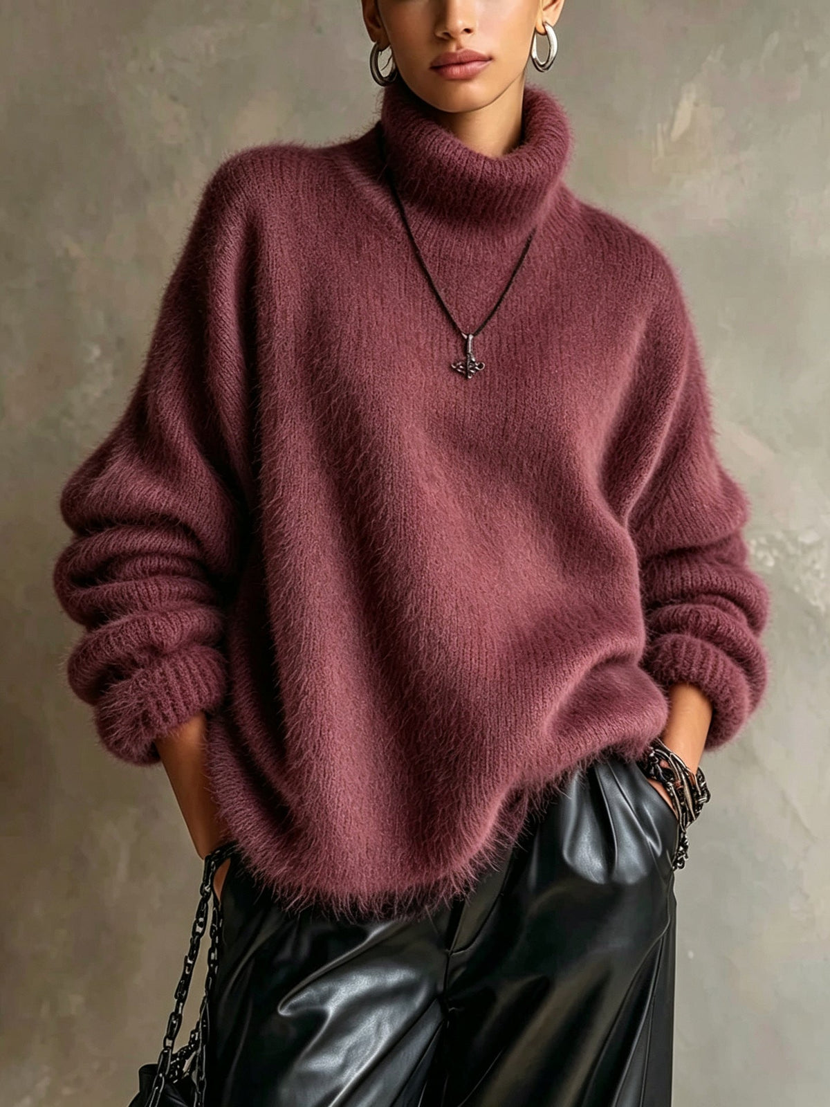 Women's solid-color loose-fitting turtleneck sweater in soft plush knit, My Store brand