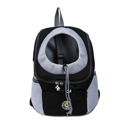 Pet backpack dog carrier in black with padded straps and breathable mesh panels