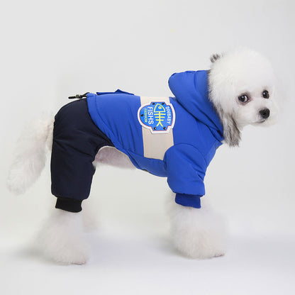 Dog wearing a snow coat for winter weather