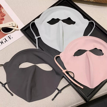 Vinyl sun protection face mask providing full-face UV protection, shown in close-up