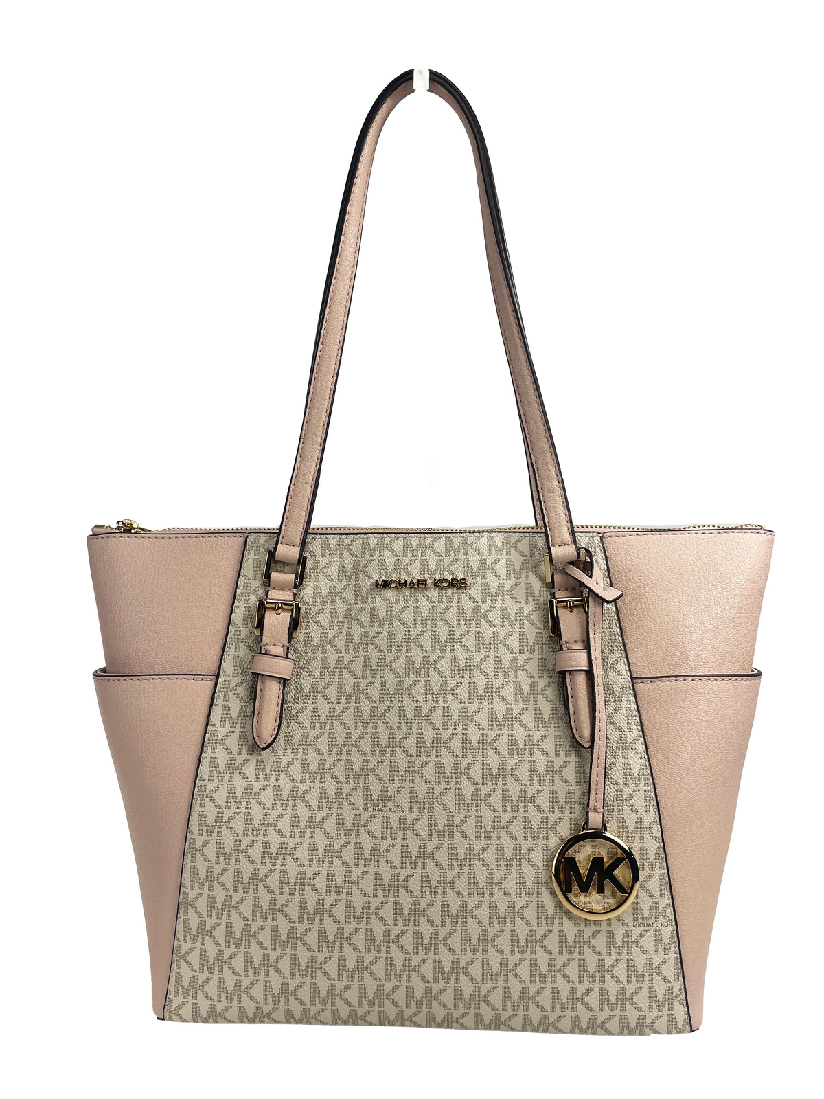 Michael Kors Charlotte zip leather tote bag with structured design and top handles, featuring a sleek, durable leather finish.