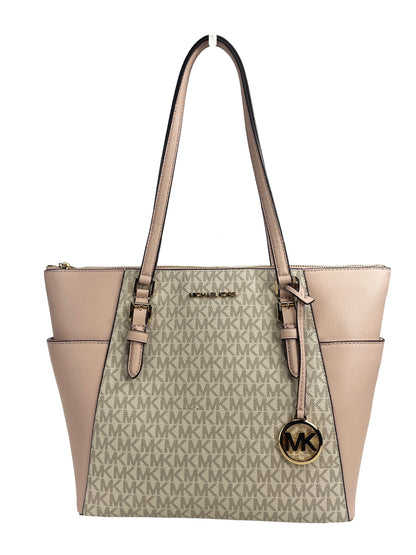 Michael Kors Charlotte zip leather tote bag with structured design and top handles, featuring a sleek, durable leather finish.