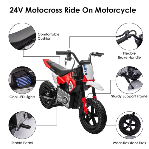 Electric motocross ride-on motorcycle for kids, 24V GBruno Store toy, suitable for children ages 5-12, with black and red design.