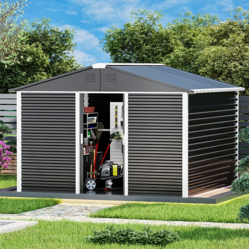 Large-sized Outdoor 10 Ft. W X 10 Ft. D Metal Shed With Sliding Door 60 Sq. Ft. For Garden Patio Lawn, Black