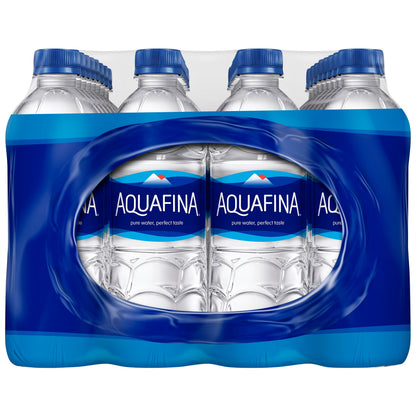 Bottled drinking water from Aquafina by BACKUPMYFILESNOW®, 16.9 oz bottles, shown in a 32-pack arrangement.