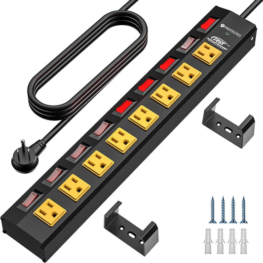 CRST 8-outlet metal surge protector power strip with individual switches, 1200J surge protection, wall mount, 6ft cord.