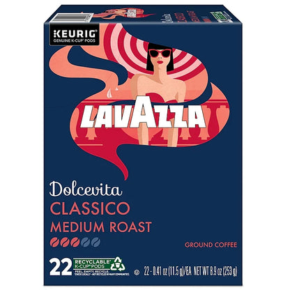 KupofK Coffee Lavazza Classico Coffee K-cups, single-serve coffee pods in a box, ideal for brewing rich, Italian-style coffee.