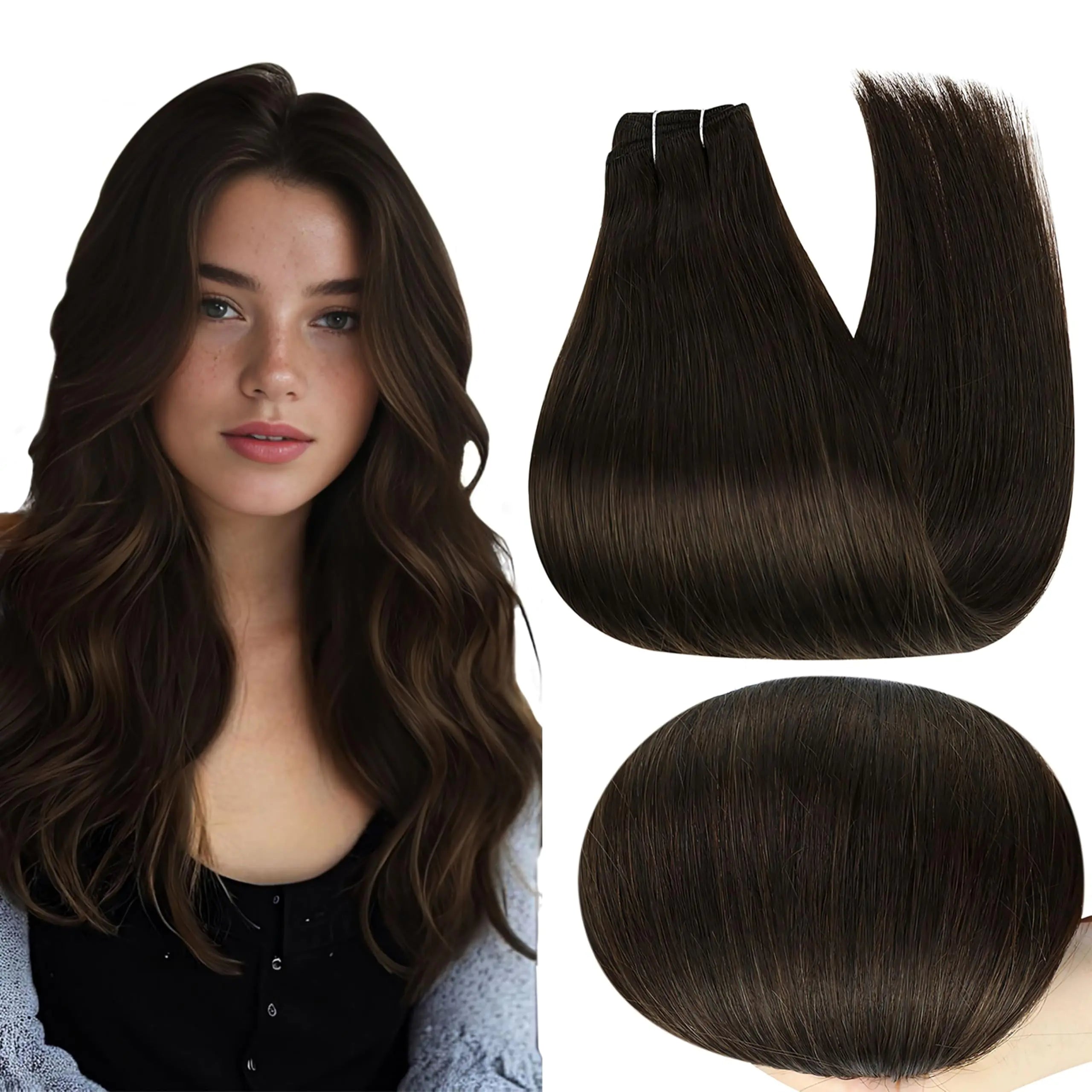 Full Shine 22 Inch Sew in Hair Extensions Real Human Hair Weft Hair Extensions Real Human Hair Dark Brown Brazilian Remy Hair Extensions for Volume Human Hair 105 Grams