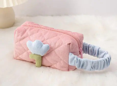 Corduroy Flower Makeup Bag Set for Travel and Beauty