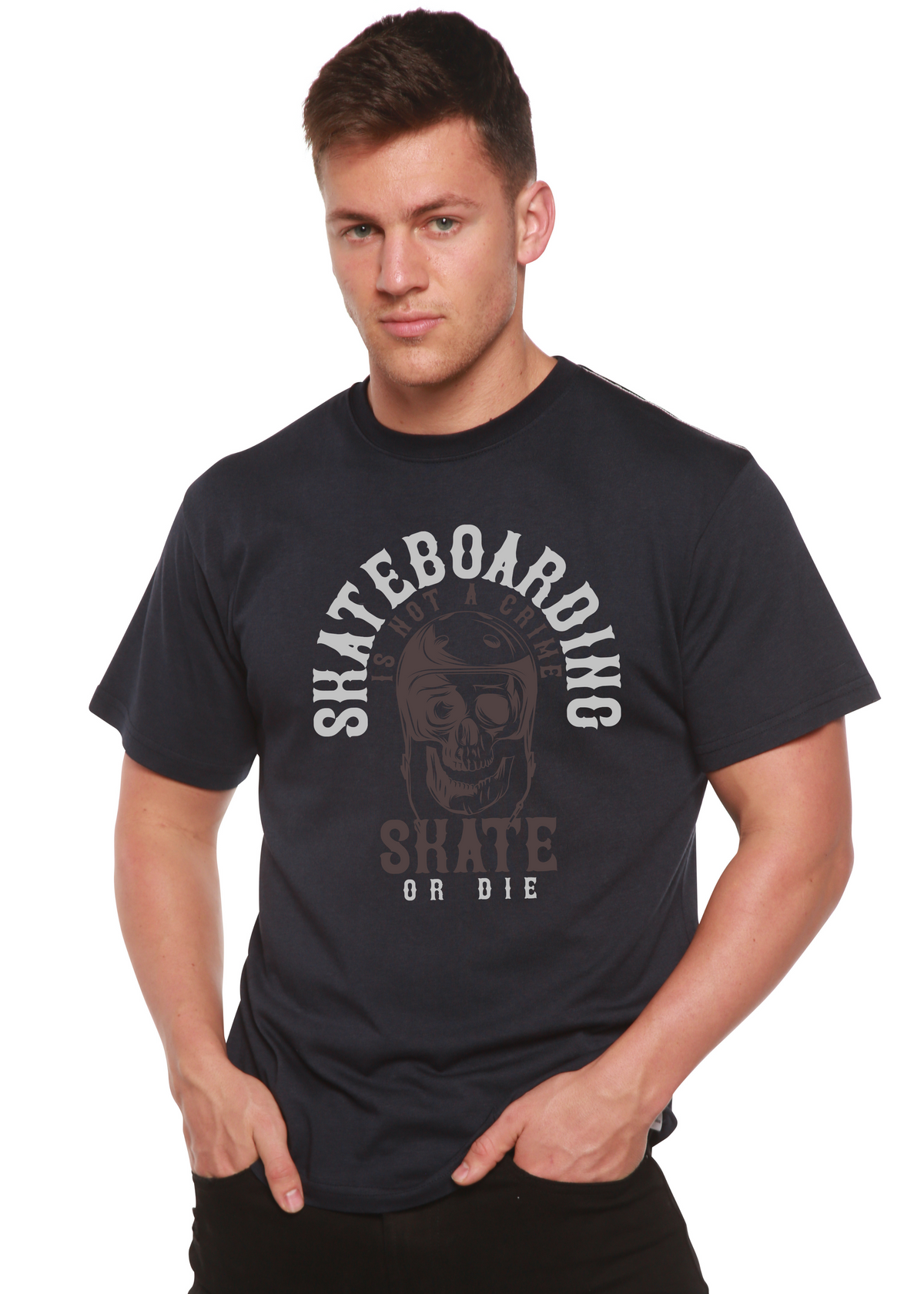 Spun Bamboo men's skateboard graphic T-shirt made of bamboo viscose and organic cotton, short sleeve, printed design.