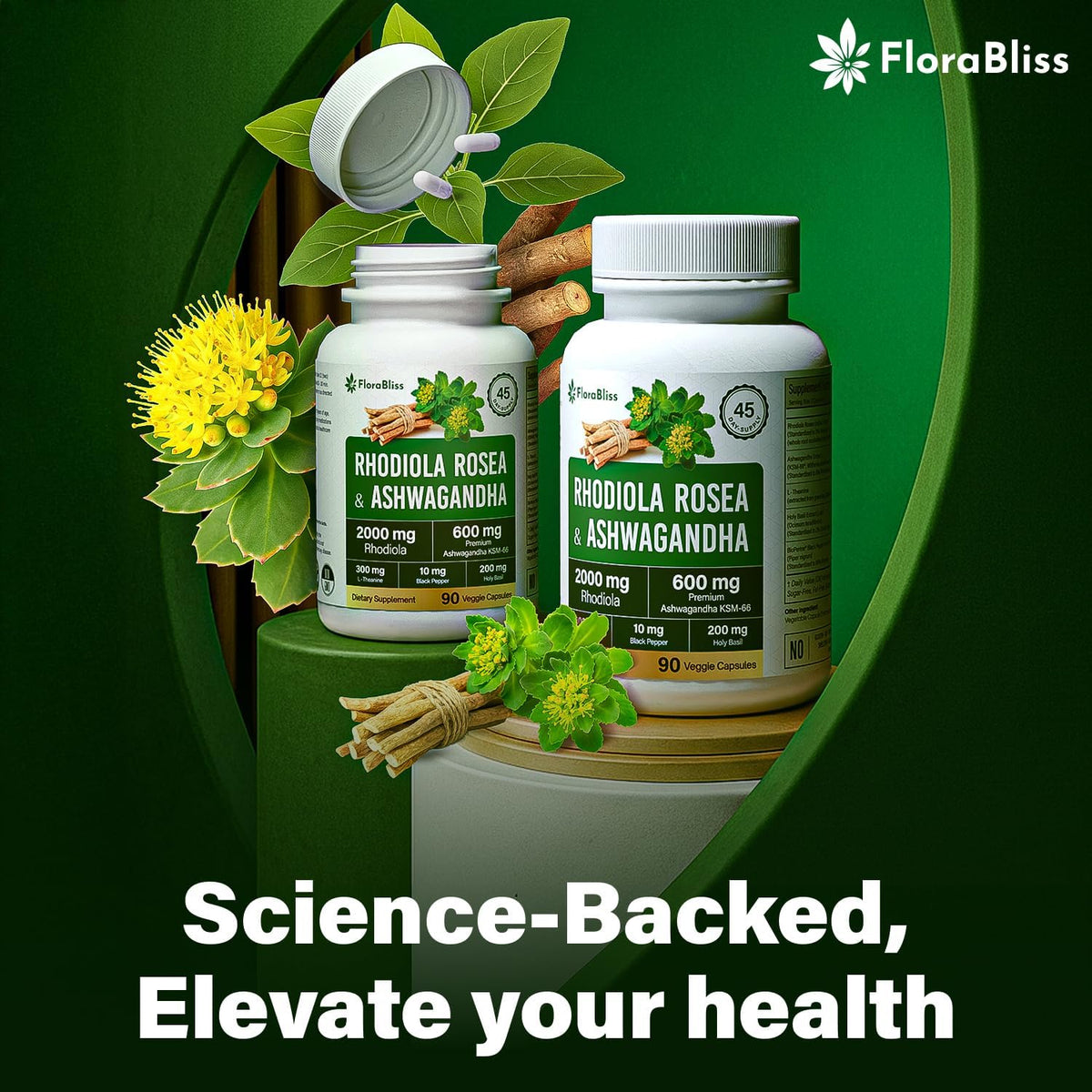 Rhodiola Rosea 2000mg with Ashwagandha KSM-66, L-Theanine, Holy Basil & BioPerine - High Potency Vegan Capsules