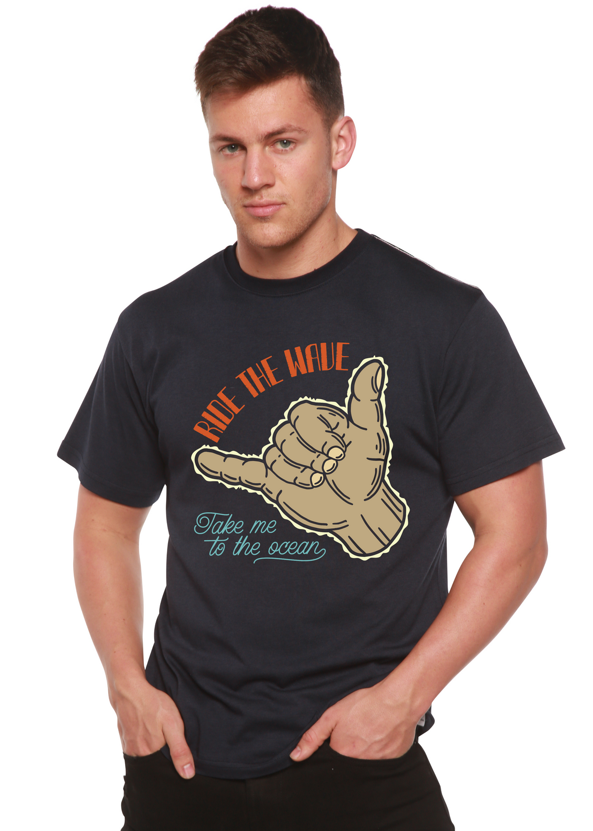 Spun Bamboo men's graphic T-shirt with wave design, made from bamboo viscose and organic cotton, short sleeve, printed style.