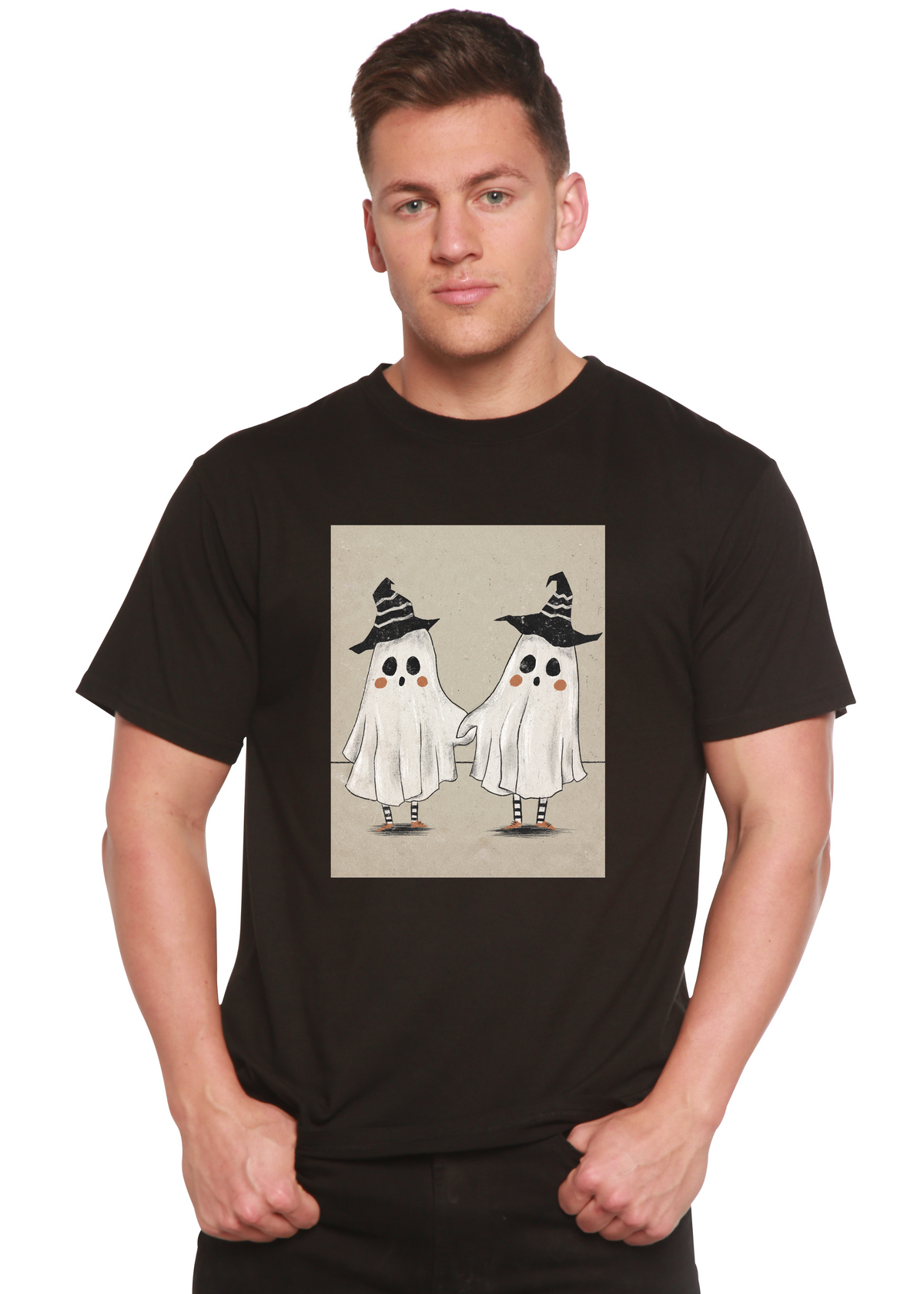 Cute ghost graphic men's T-shirt by Spun Bamboo, made from bamboo viscose and organic cotton, featuring a short sleeve design.