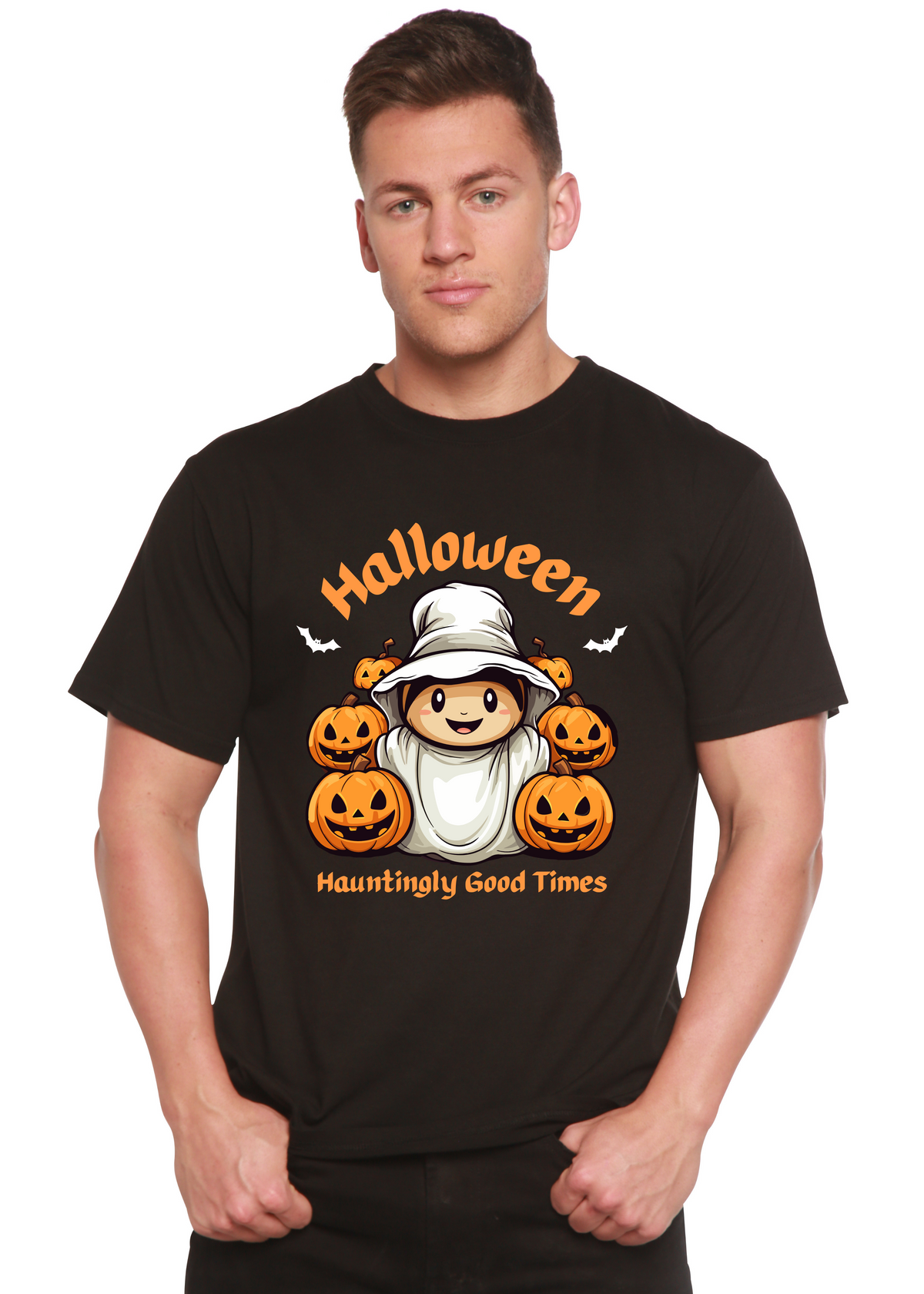Spun Bamboo men's Halloween graphic T-shirt with haunting design, short sleeve, organic cotton and bamboo viscose fabric.