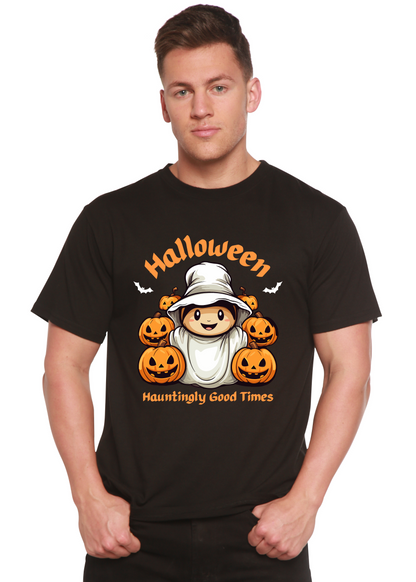 Spun Bamboo men's Halloween graphic T-shirt with haunting design, short sleeve, organic cotton and bamboo viscose fabric.