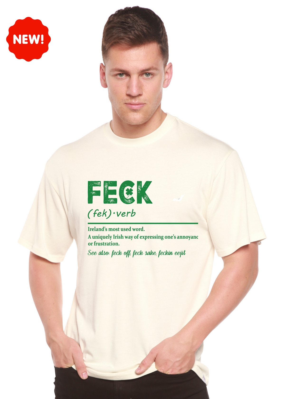Men's Feck Irish St. Patrick's Day graphic T-shirt by Spun Bamboo, featuring green shamrock and festive Irish design.