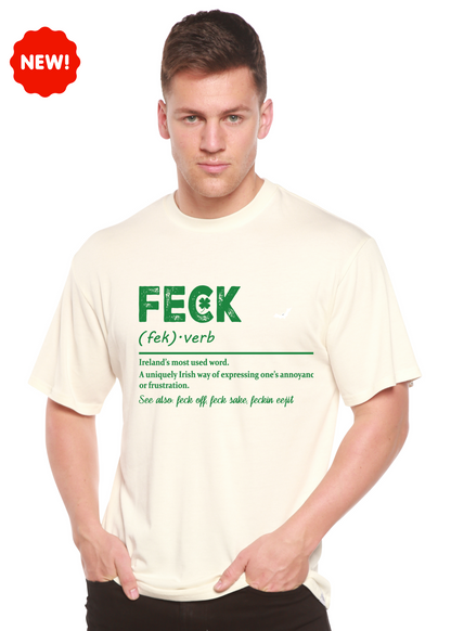 Men's Feck Irish St. Patrick's Day graphic T-shirt by Spun Bamboo, featuring green shamrock and festive Irish design.