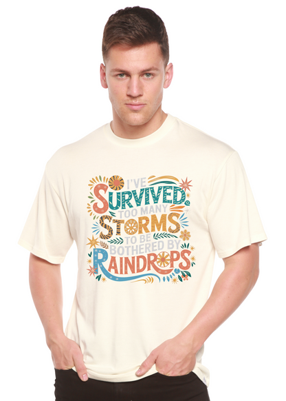 Unisex bamboo cotton graphic T-shirt with "I've Survived Too Many Storms" print by Spun Bamboo, mens printed casual tee.