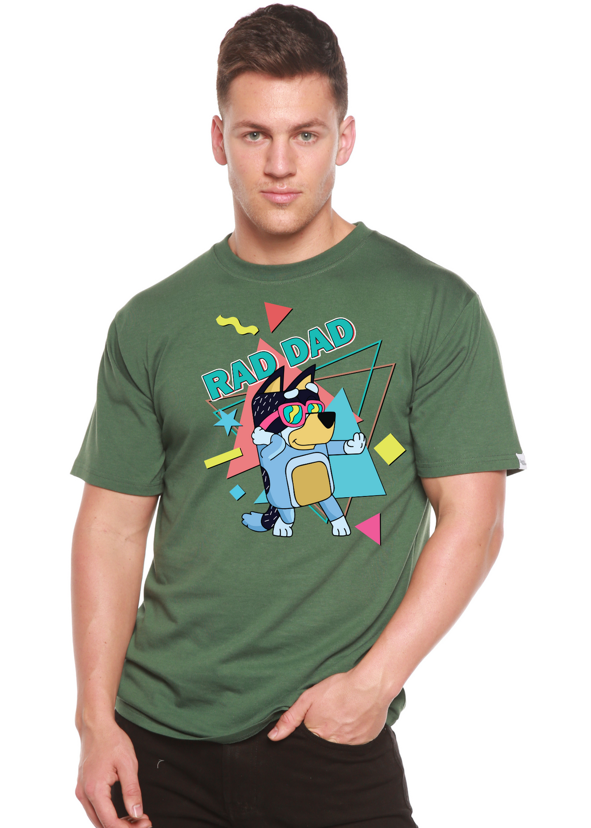Spun Bamboo Rad Dad Bluey men's bamboo short sleeve graphic T-shirt with Bluey print, casual men's printed T-shirt.
