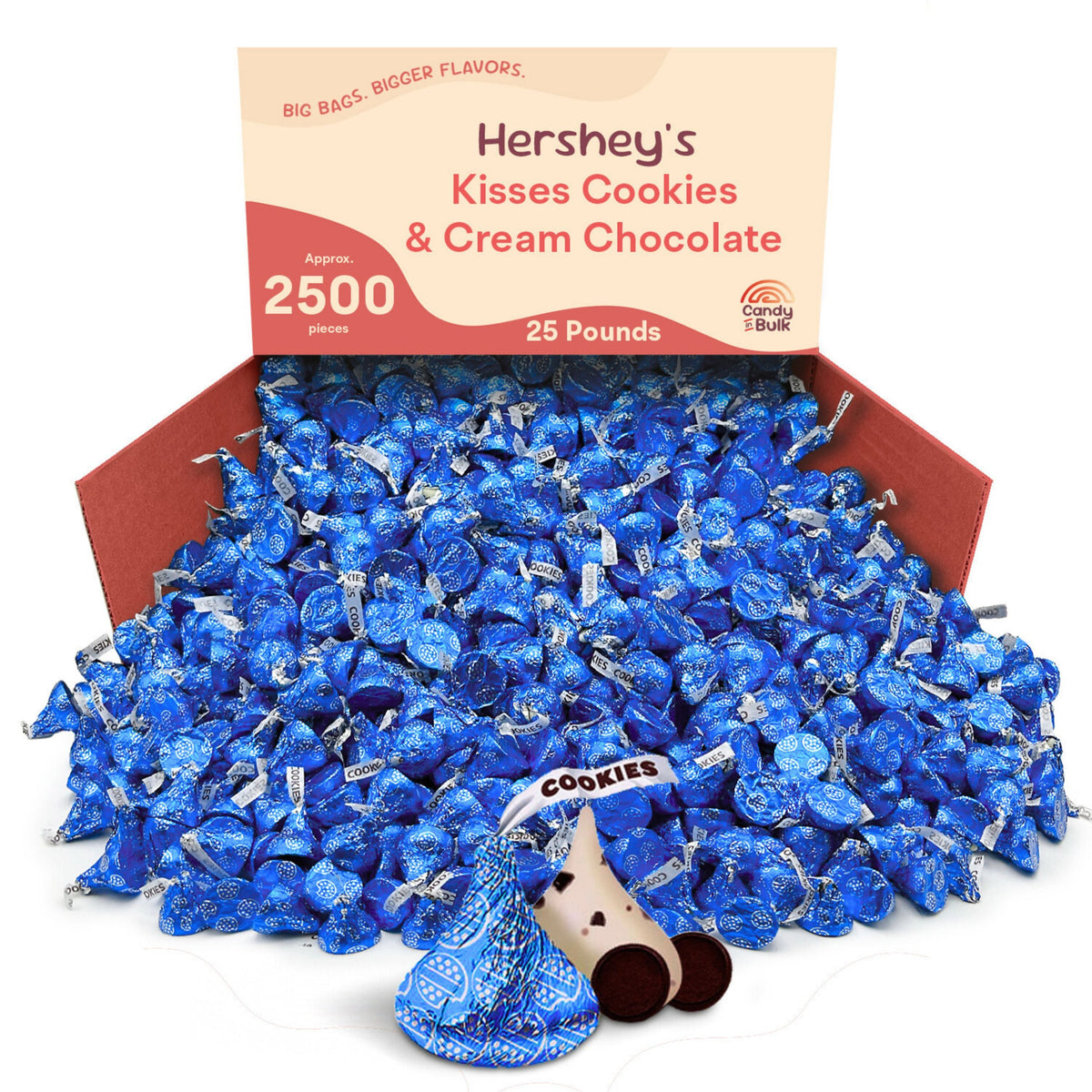 Hershey's Kisses Cookies 'n' Creme chocolate candies in a bulk value bag, featuring white and dark chocolate with cookie pieces.