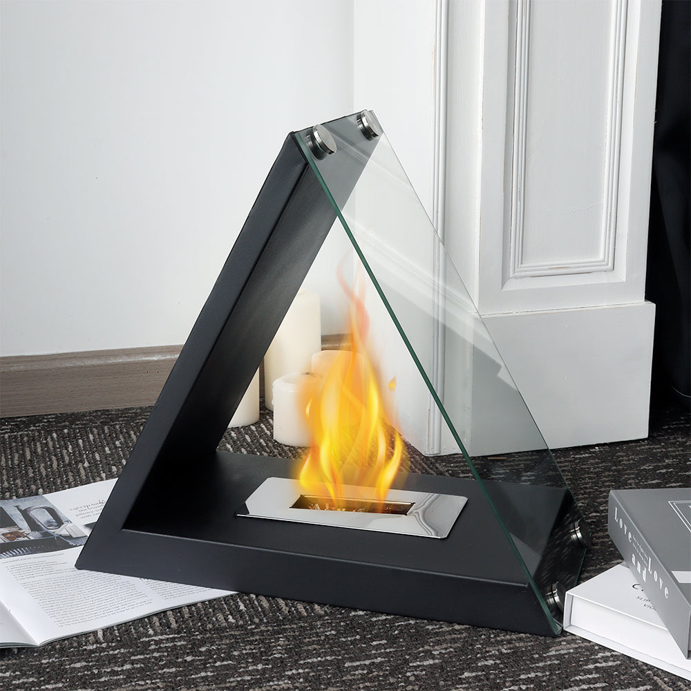 Glass tabletop fireplace by JHY DESIGN with gel and ethanol fire, measuring 15.5 x 8 x 14.5 inches, featuring a sleek modern design.
