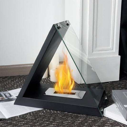 Glass tabletop fireplace by JHY DESIGN with gel and ethanol fire, measuring 15.5 x 8 x 14.5 inches, featuring a sleek modern design.