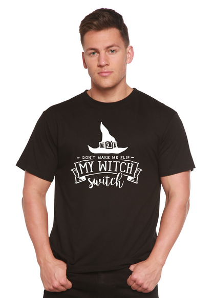 Spun Bamboo men's graphic T-shirt featuring a witch design, made from bamboo viscose and organic cotton, short sleeves.