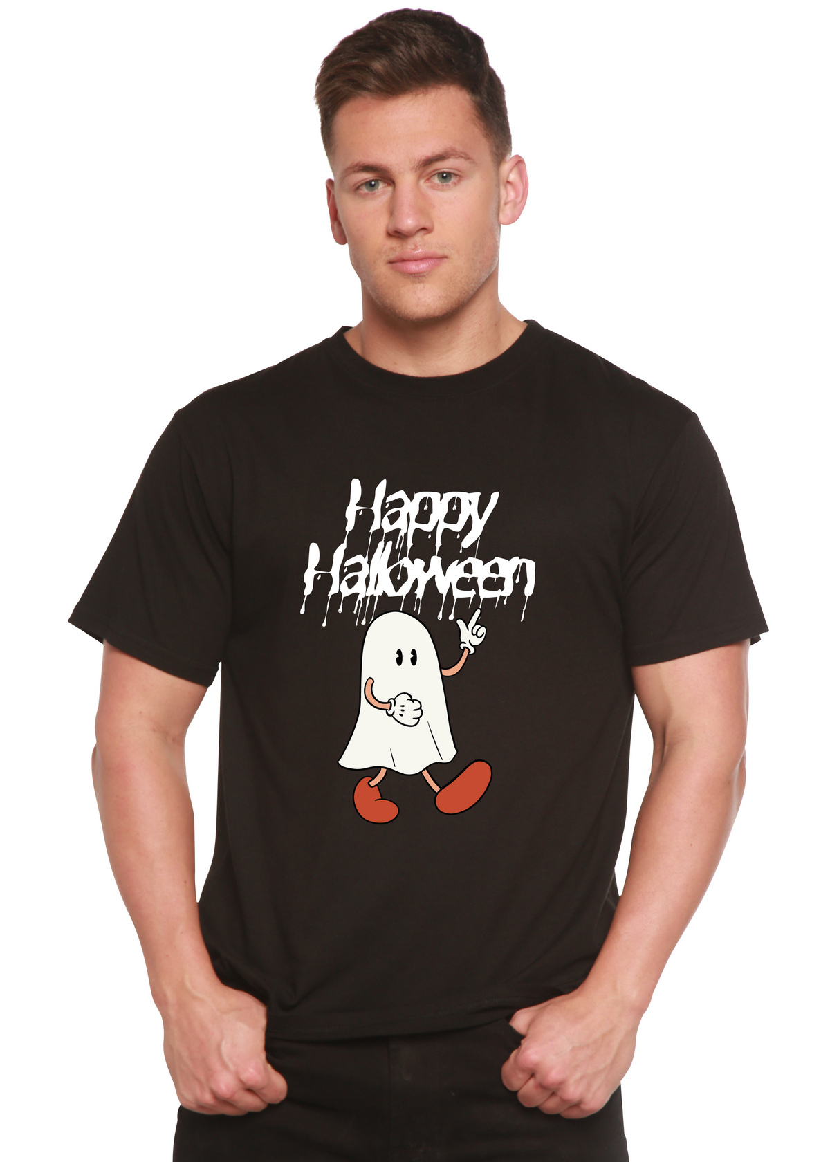 Happy Halloween men's printed T-shirt by Spun Bamboo featuring a graphic design in bamboo viscose and organic cotton fabric.