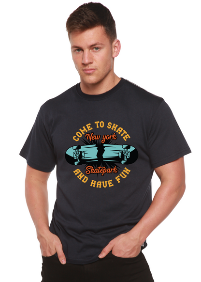 Men's printed graphic T-shirt by Spun Bamboo featuring New York Skatepark design in bamboo viscose and organic cotton fabric.