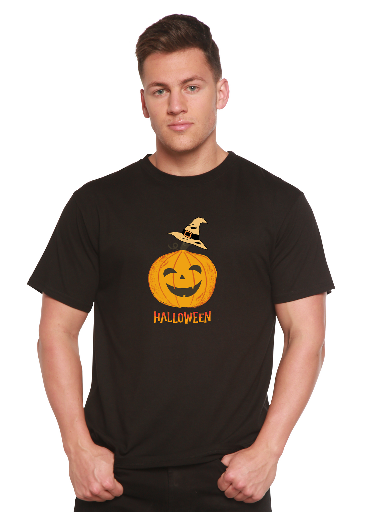 Men's Halloween pumpkin graphic T-shirt by Spun Bamboo, short sleeve, unisex bamboo viscose and organic cotton fabric.