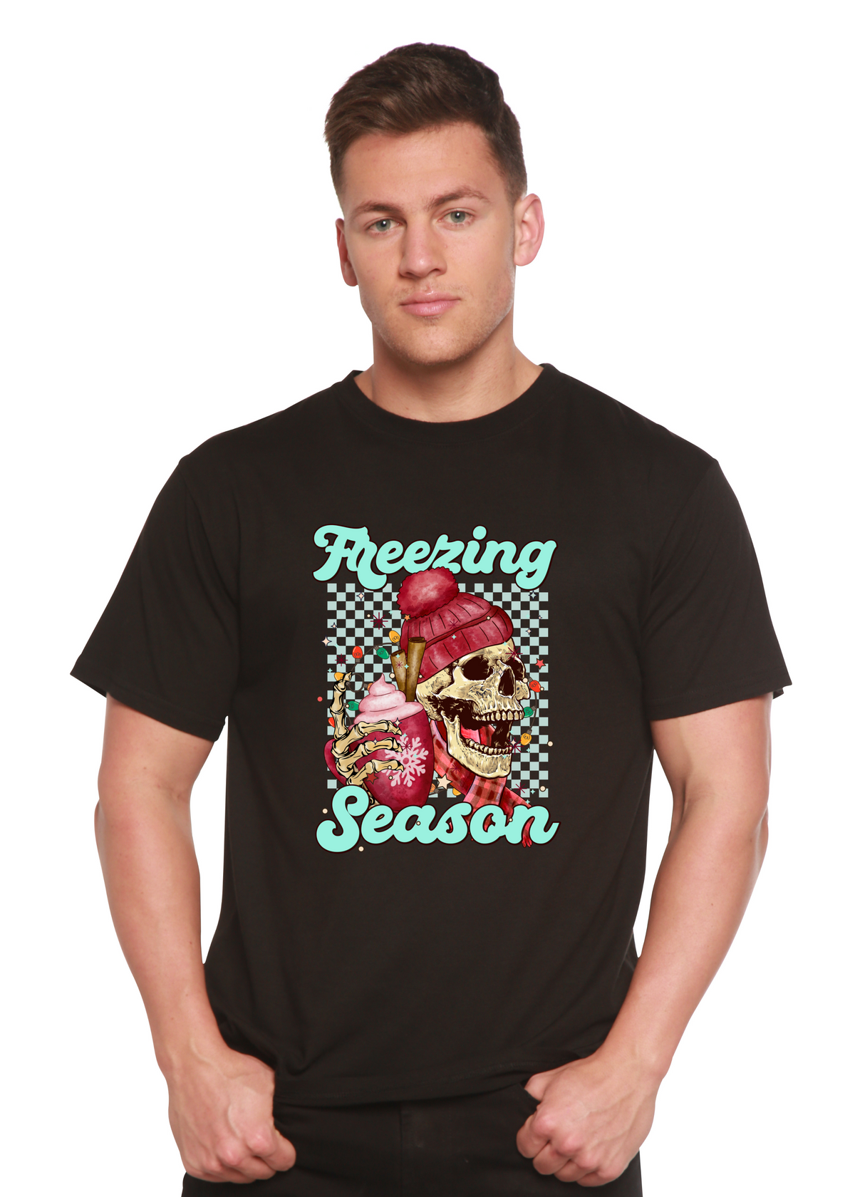 Unisex Freezing Season bamboo viscose organic cotton graphic T-shirt with printed design, men's casual short sleeve from Spun Bamboo