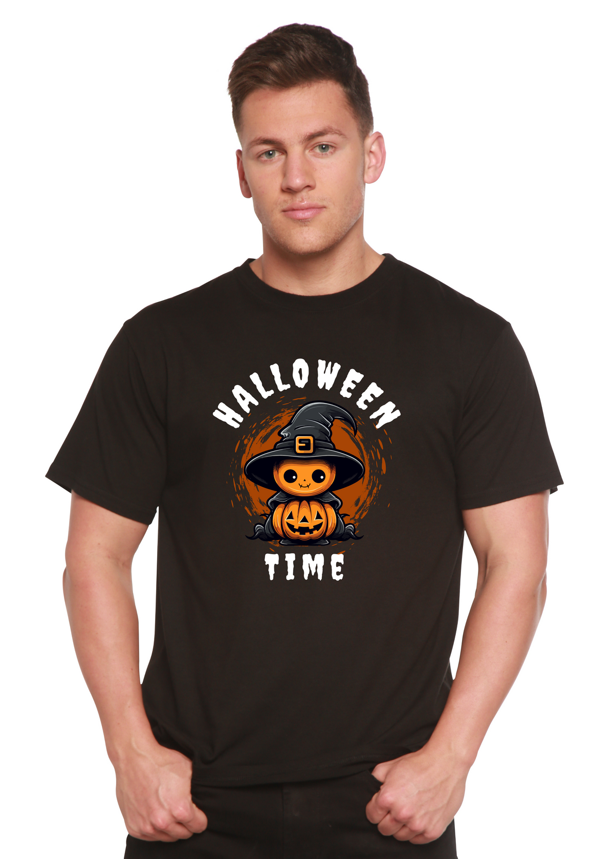 Spun Bamboo Halloween Time unisex short sleeve graphic T-shirt with printed Halloween design on bamboo viscose and organic cotton fabric.