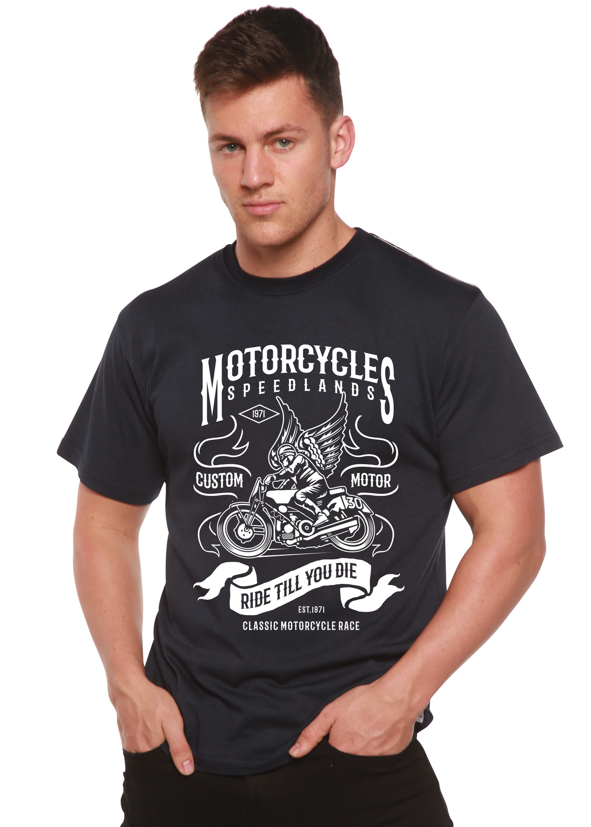 Men's Spun Bamboo motorcycle graphic T-shirt in bamboo viscose and organic cotton short sleeve, featuring a printed motorcycle design.